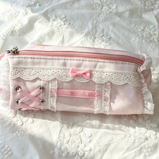 Lolita Coquette Lace Ruffle Pencil Pouch — Bow Accent Multi-Layer Storage Bag for Students