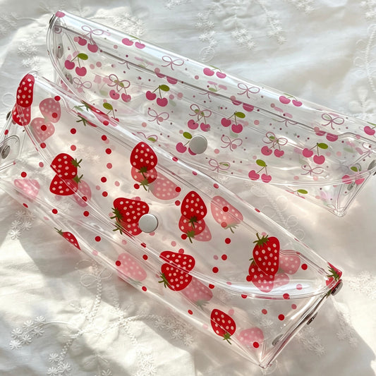 Clear PVC Fruit-Print Pencil Pouch — Transparent Snap-Flap Multi-Use Pen & Makeup Storage Bag for Students