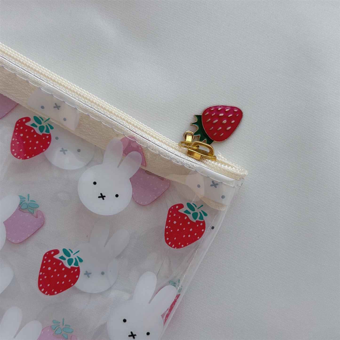 Kawaii Bunny Strawberry Clear PVC Pouch Set — 2-Piece Cute Strawberry Charm Zipper Storage Bag for Students