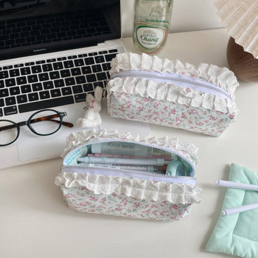Coquette Floral Lace Pencil Pouch — Large Capacity Cottagecore Stationery Bag with Ruffle Trim, Cute Multi-Use Zipper Case for School Supplies & Makeup