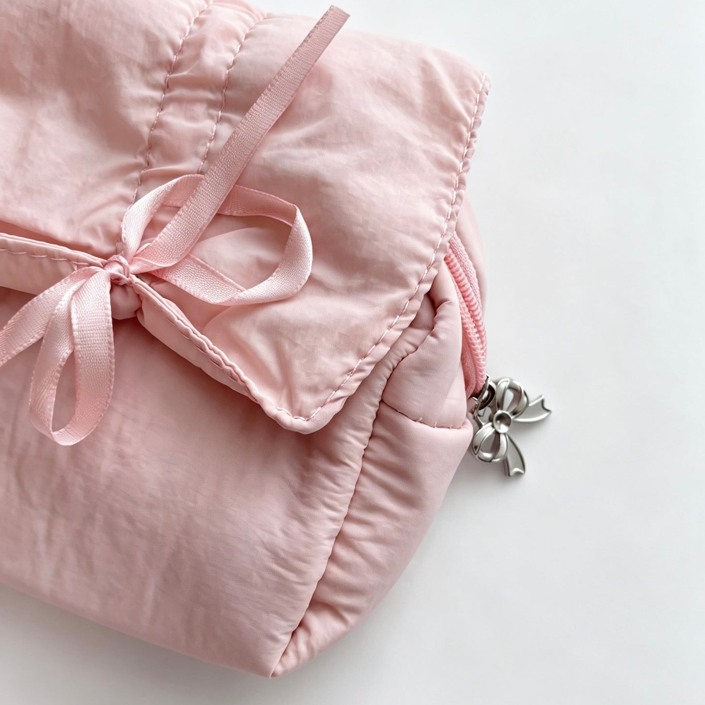 Coquette Ruffled Frill Puffer Pencil Pouch — Multi-Compartment Quilted Pen Bag with Satin Bows for Students
