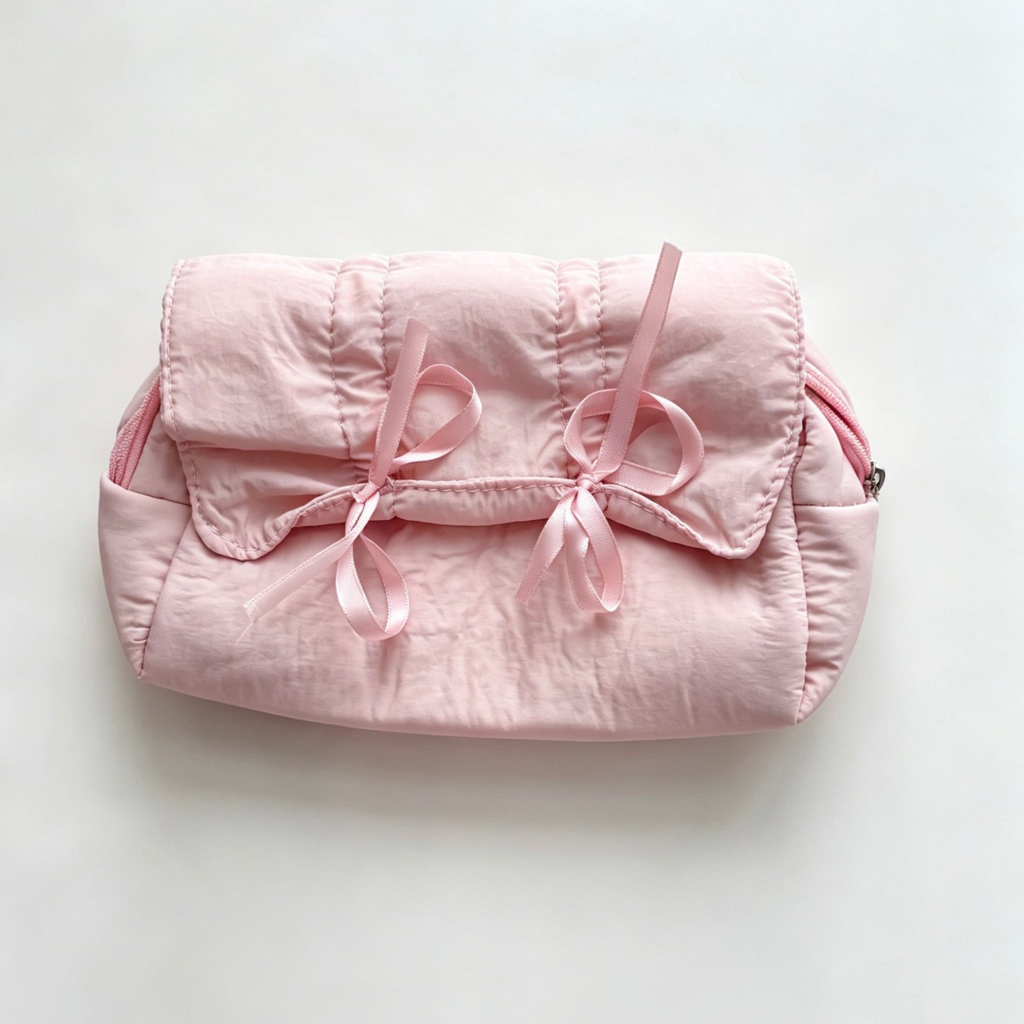 Coquette Ruffled Frill Puffer Pencil Pouch — Multi-Compartment Quilted Pen Bag with Satin Bows for Students