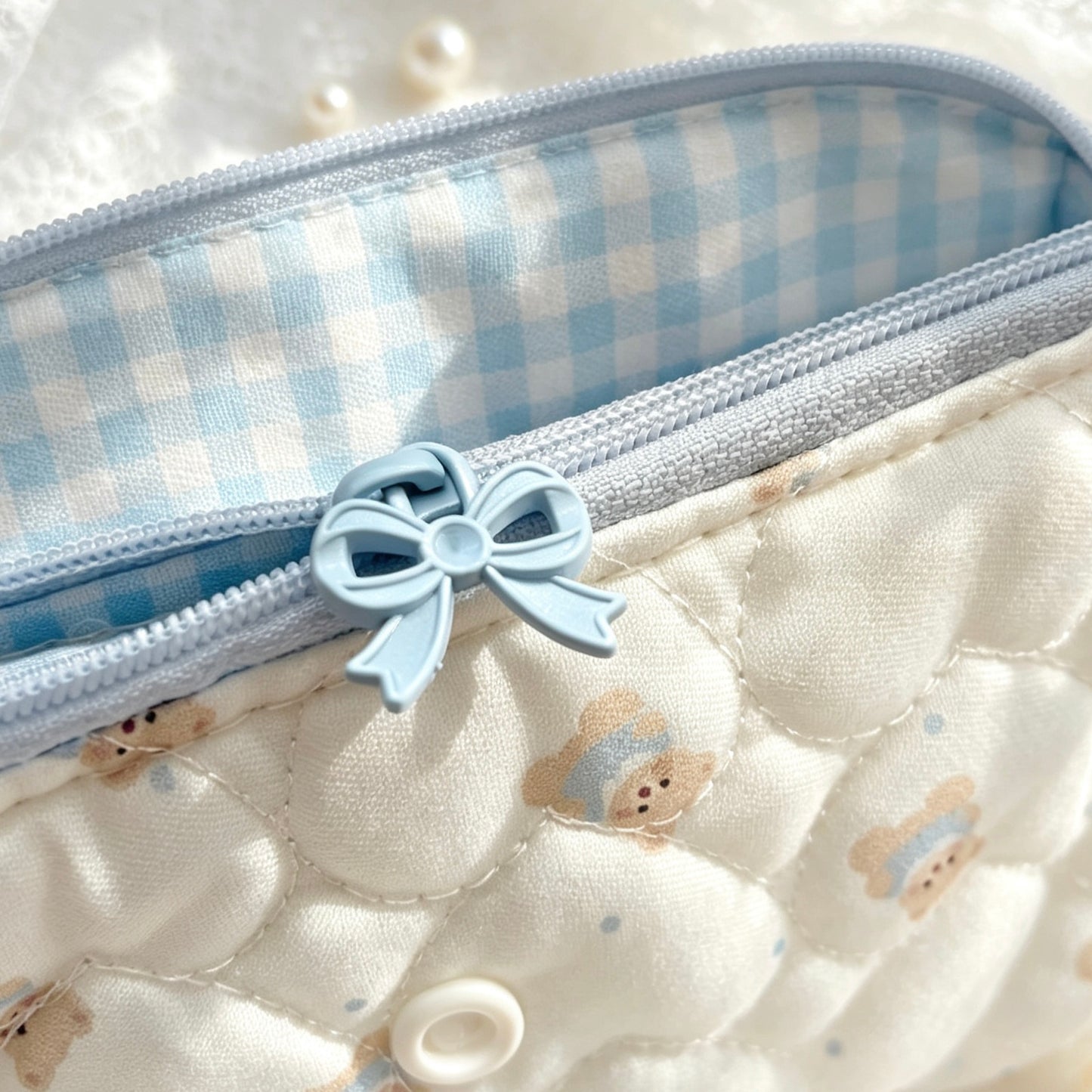 Coquette Quilted Lace Flip Pencil Pouch — Kawaii Multi-Use Pen & Makeup Storage Bag for Students