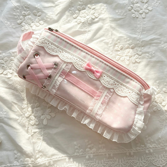 Lolita Coquette Lace Ruffle Pencil Pouch — Bow Accent Multi-Layer Storage Bag for Students
