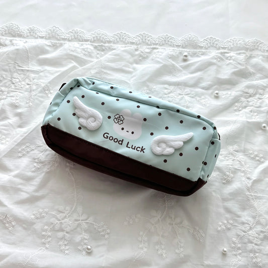 3D Angel Wing Bunny Polka-Dot Pencil Pouch — Large-Capacity Nylon Pen & Storage Bag for Students