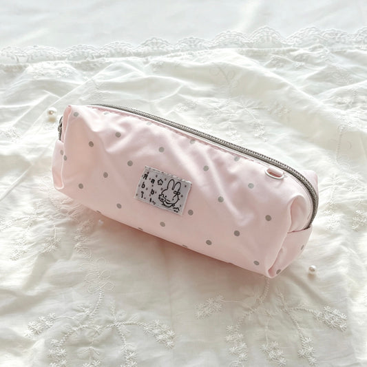 Kawaii Bunny Polka-Dot Pencil Pouch — Large-Capacity Mesh-Pocket Pen Bag with Paw Zipper Pull for Students