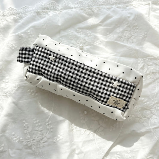 Gingham Polka-Dot Canvas Star Pencil Pouch — Large-Capacity Aesthetic Storage Bag for Students