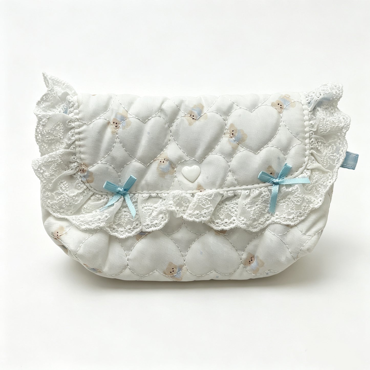 Coquette Quilted Lace Flip Pencil Pouch — Kawaii Multi-Use Pen & Makeup Storage Bag for Students