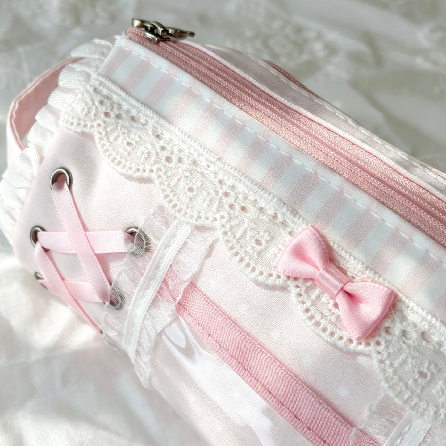 Lolita Coquette Lace Ruffle Pencil Pouch — Bow Accent Multi-Layer Storage Bag for Students