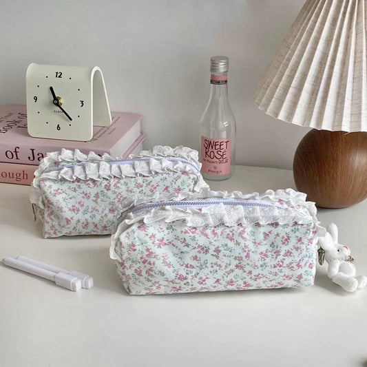 Coquette Floral Lace Pencil Pouch — Large Capacity Cottagecore Stationery Bag with Ruffle Trim, Cute Multi-Use Zipper Case for School Supplies & Makeup