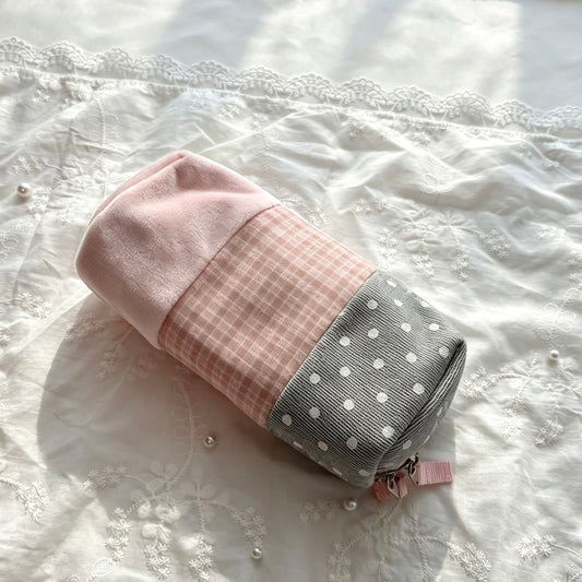 Coquette Patchwork Plush Pencil Pouch — Fuzzy Plaid & Polka-Dot Large-Capacity Stationery Bag for Students