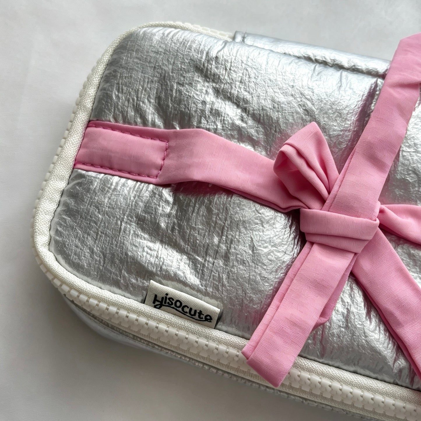 Coquette Puffer Quilted Pencil Pouch — Large-Capacity Pen Bag with Hot Pink Bow Ribbon & Mesh Pocket for Students
