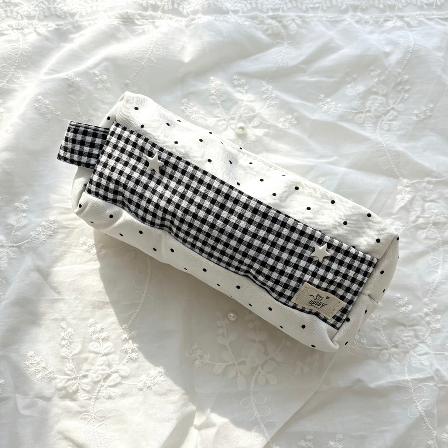 Gingham Polka-Dot Canvas Star Pencil Pouch — Large-Capacity Aesthetic Storage Bag for Students