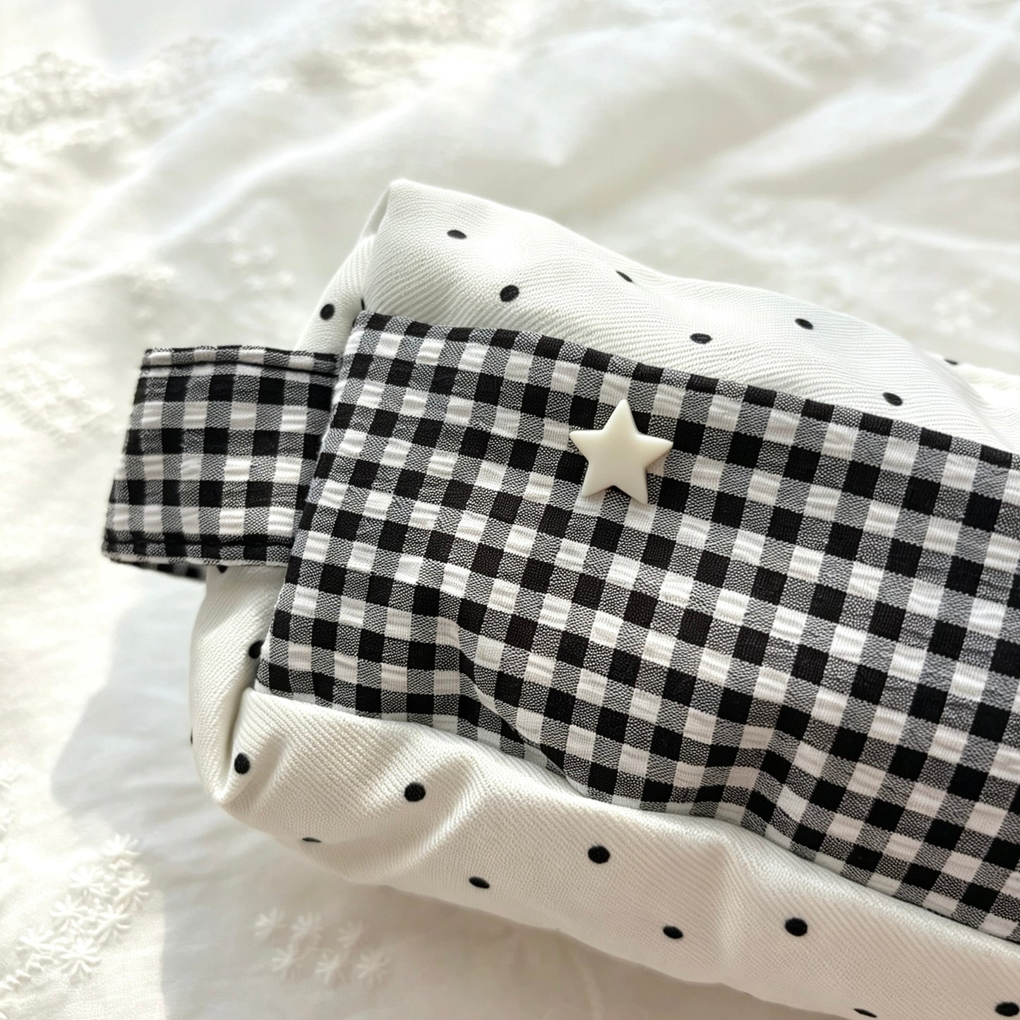 Gingham Polka-Dot Canvas Star Pencil Pouch — Large-Capacity Aesthetic Storage Bag for Students