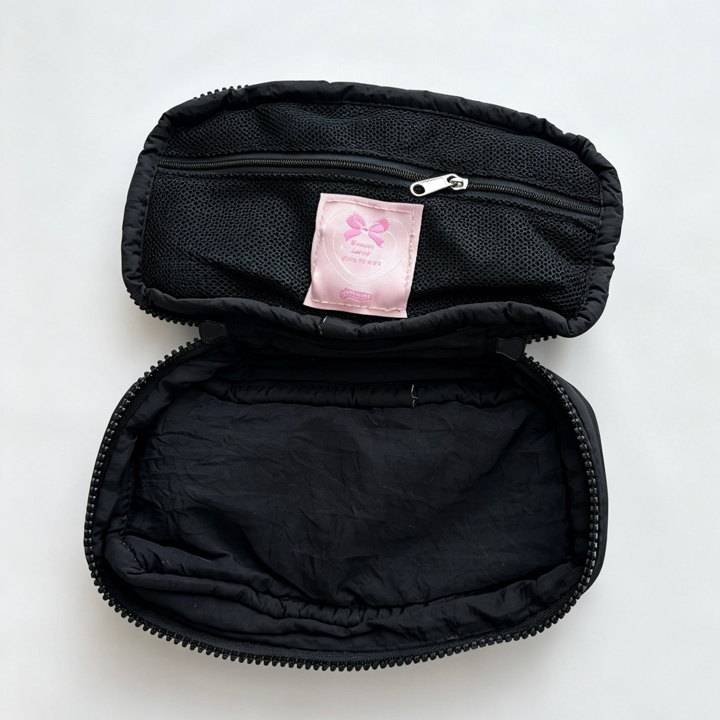 Coquette Puffer Quilted Pencil Pouch — Large-Capacity Pen Bag with Hot Pink Bow Ribbon & Mesh Pocket for Students