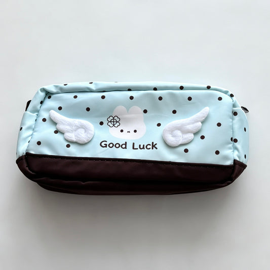 3D Angel Wing Bunny Polka-Dot Pencil Pouch — Large-Capacity Nylon Pen & Storage Bag for Students