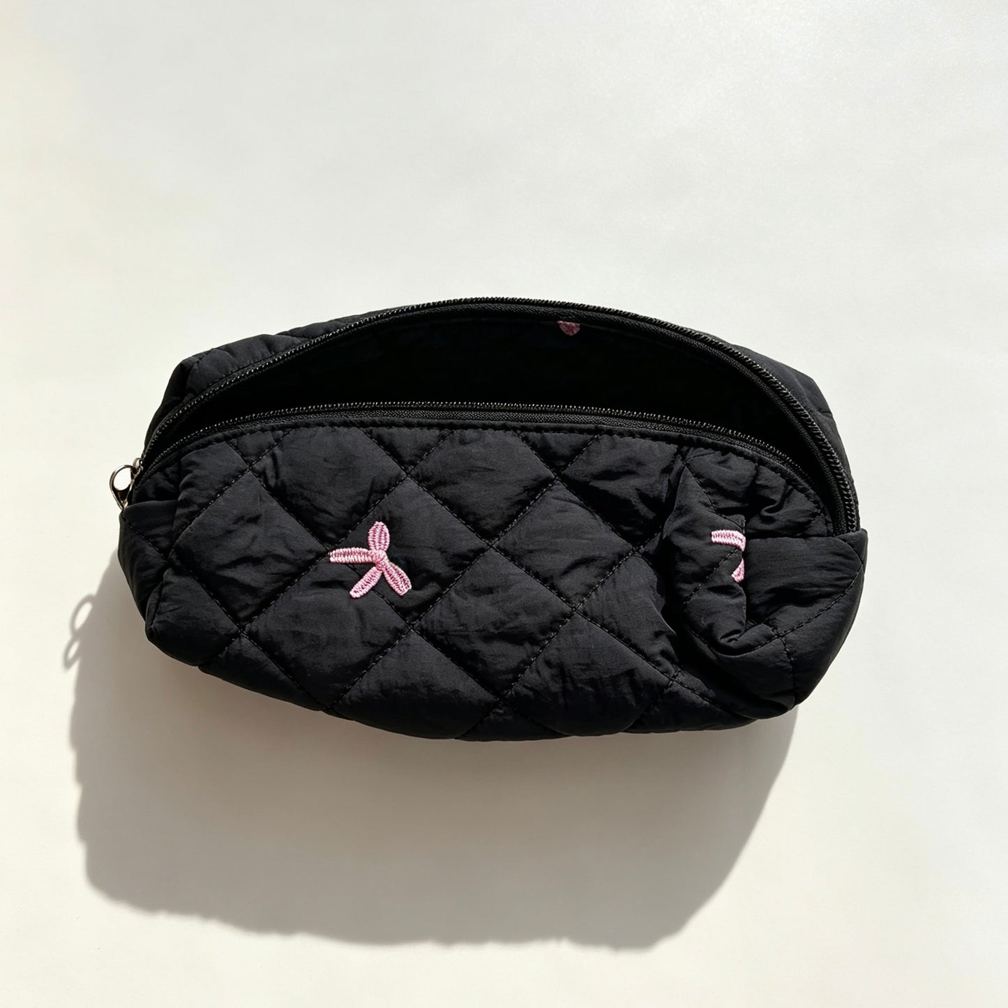 Coquette Diamond-Quilted Bow Embroidery Pencil Pouch — Soft Puffer Large-Capacity Storage Bag for Students