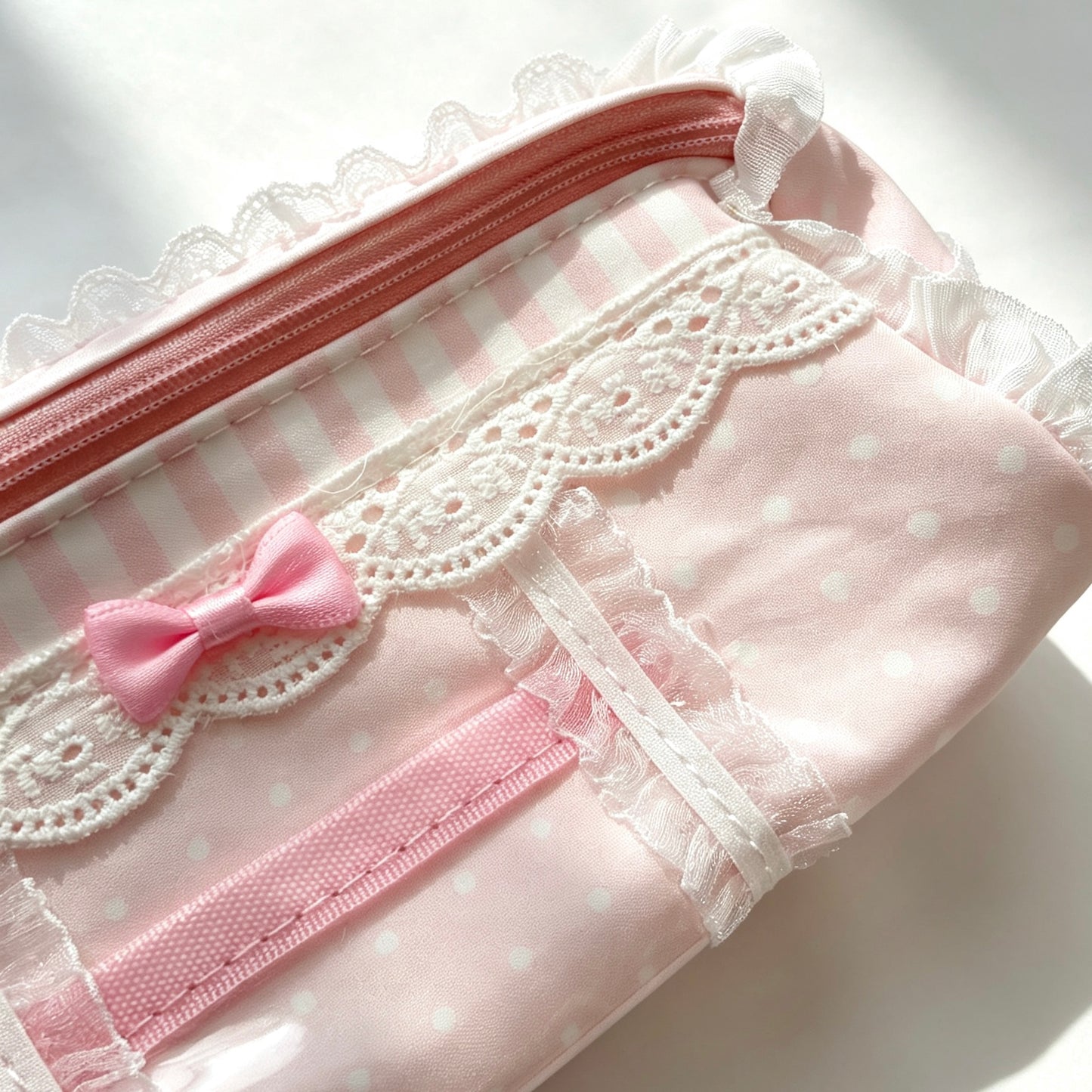 Lolita Coquette Lace Ruffle Pencil Pouch — Bow Accent Multi-Layer Storage Bag for Students