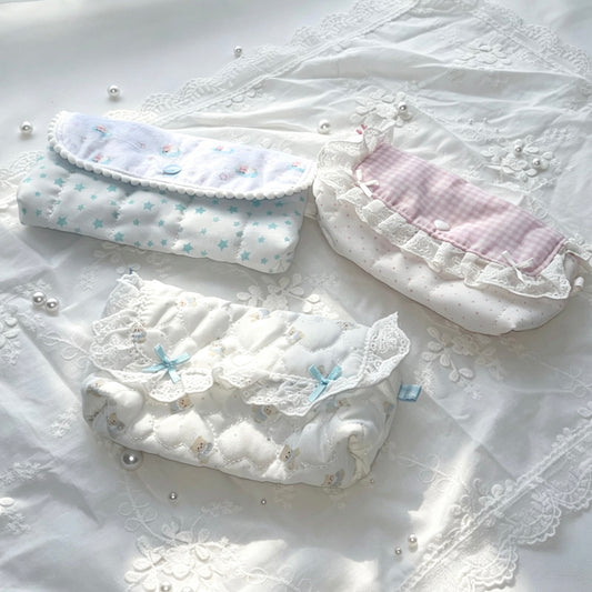 Coquette Quilted Lace Flip Pencil Pouch — Kawaii Multi-Use Pen & Makeup Storage Bag for Students