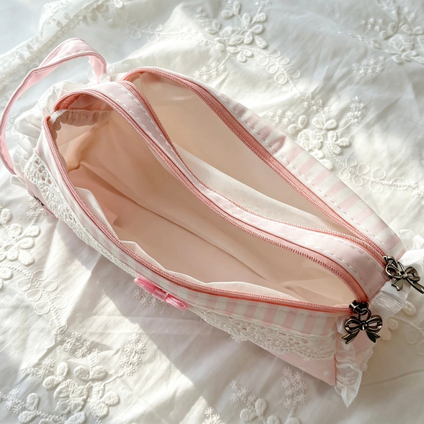Lolita Coquette Lace Ruffle Pencil Pouch — Bow Accent Multi-Layer Storage Bag for Students