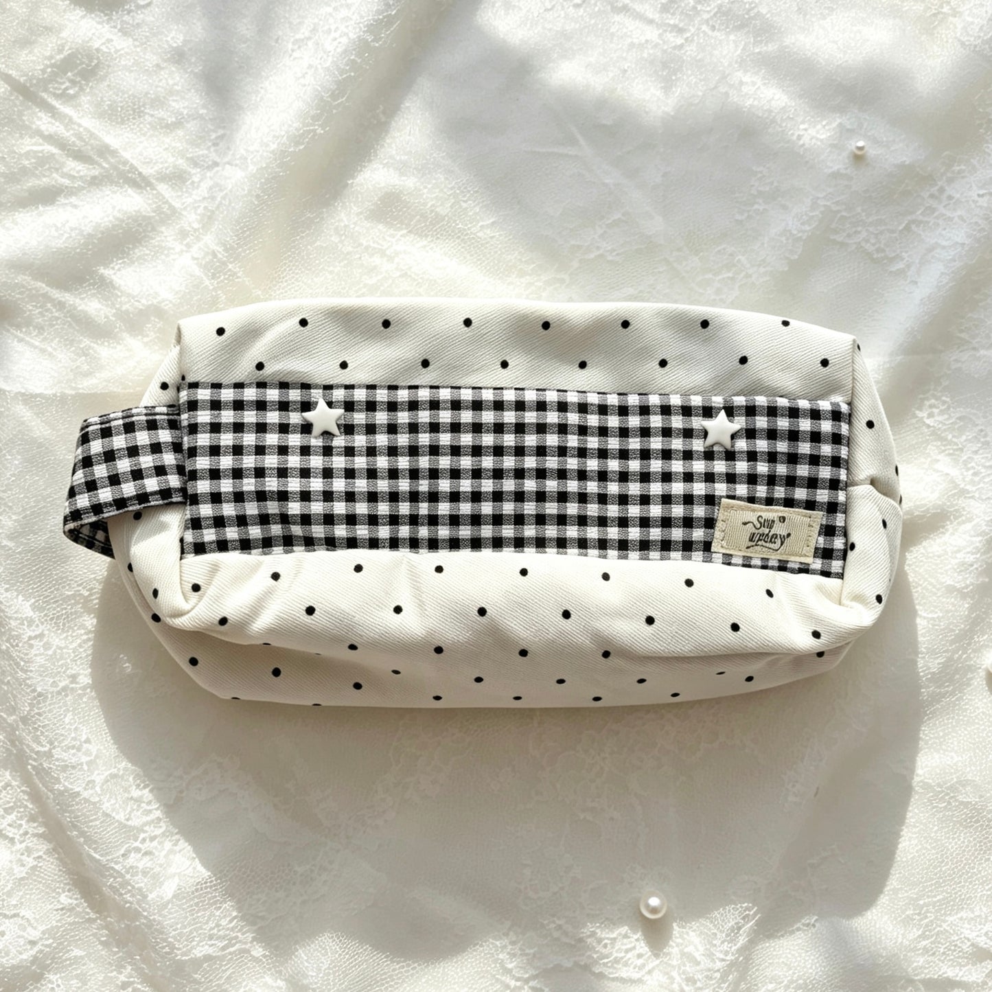 Gingham Polka-Dot Canvas Star Pencil Pouch — Large-Capacity Aesthetic Storage Bag for Students