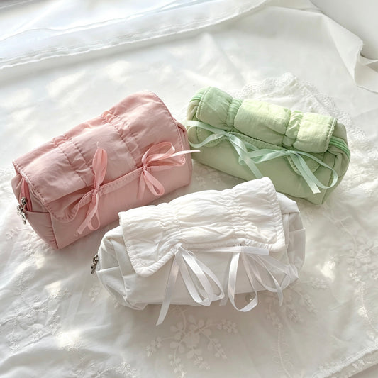 Coquette Ruffled Frill Puffer Pencil Pouch — Multi-Compartment Quilted Pen Bag with Satin Bows for Students