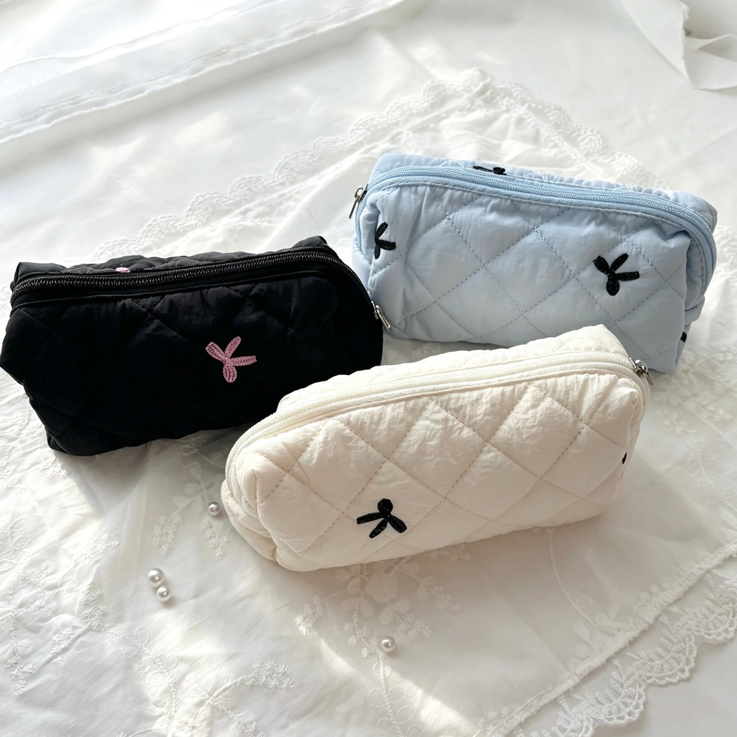 Coquette Diamond-Quilted Bow Embroidery Pencil Pouch — Soft Puffer Large-Capacity Storage Bag for Students