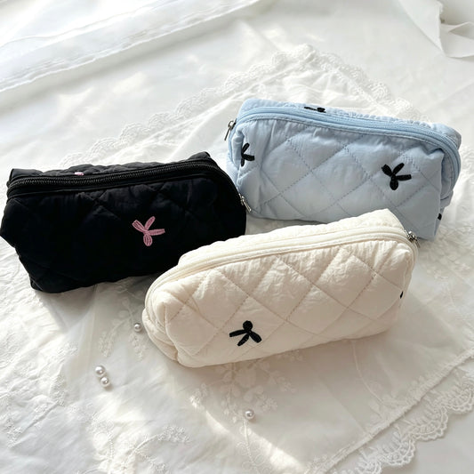 Coquette Diamond-Quilted Bow Embroidery Pencil Pouch — Soft Puffer Large-Capacity Storage Bag for Students