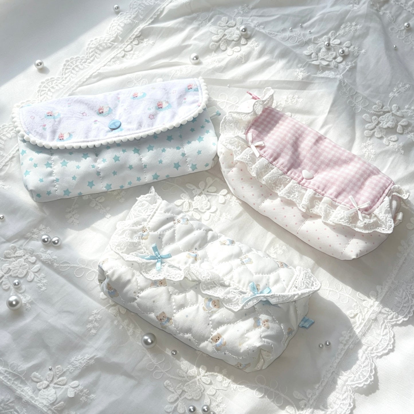Coquette Quilted Lace Flip Pencil Pouch — Kawaii Multi-Use Pen & Makeup Storage Bag for Students
