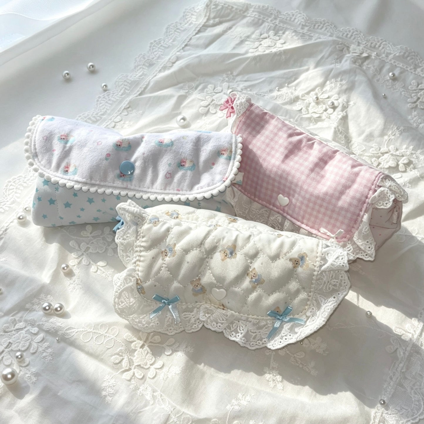 Coquette Quilted Lace Flip Pencil Pouch — Kawaii Multi-Use Pen & Makeup Storage Bag for Students
