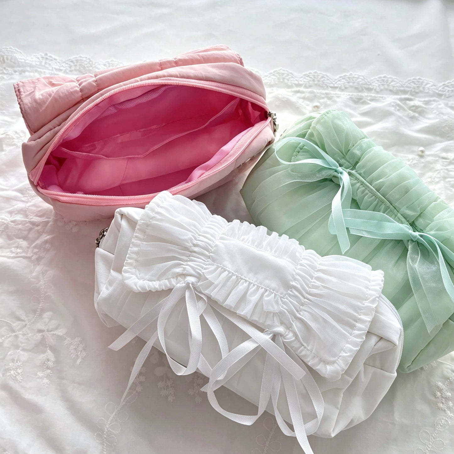 Coquette Ruffled Frill Puffer Pencil Pouch — Multi-Compartment Quilted Pen Bag with Satin Bows for Students