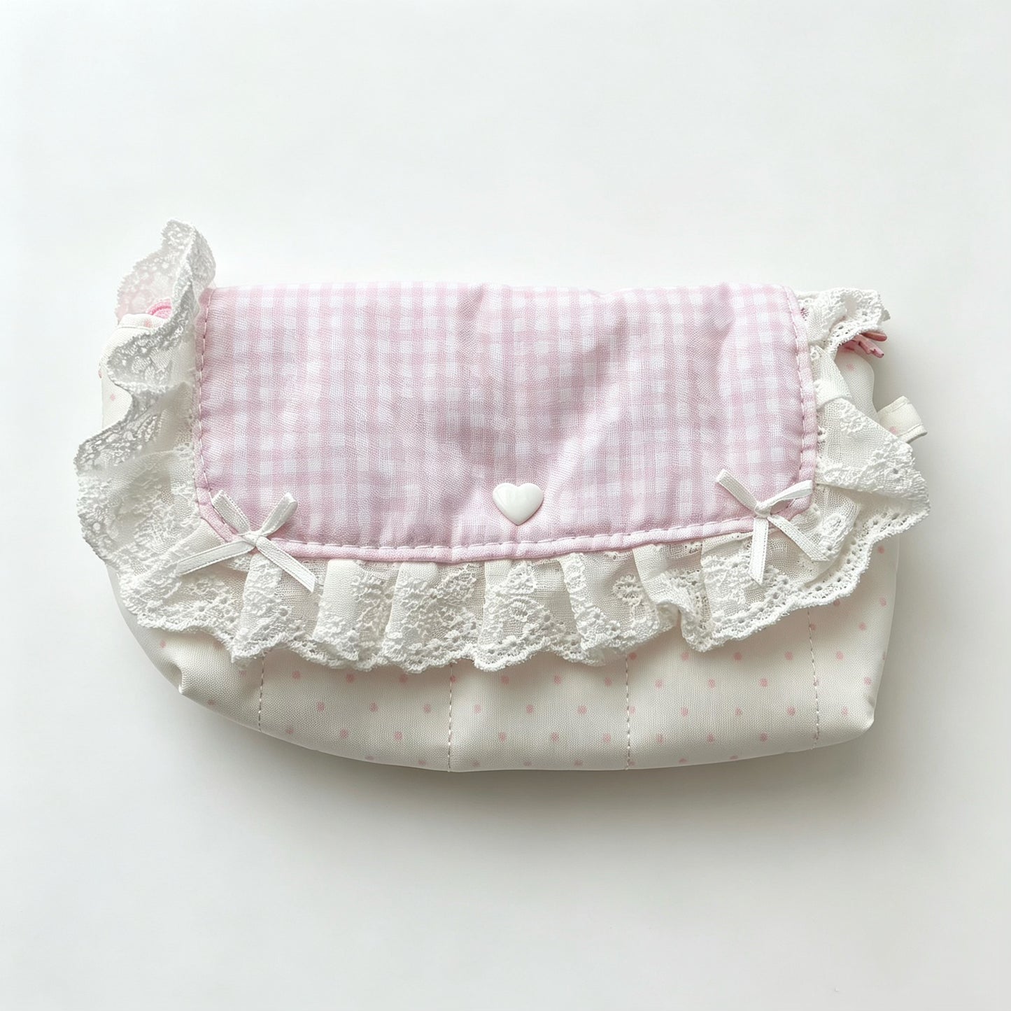 Coquette Quilted Lace Flip Pencil Pouch — Kawaii Multi-Use Pen & Makeup Storage Bag for Students