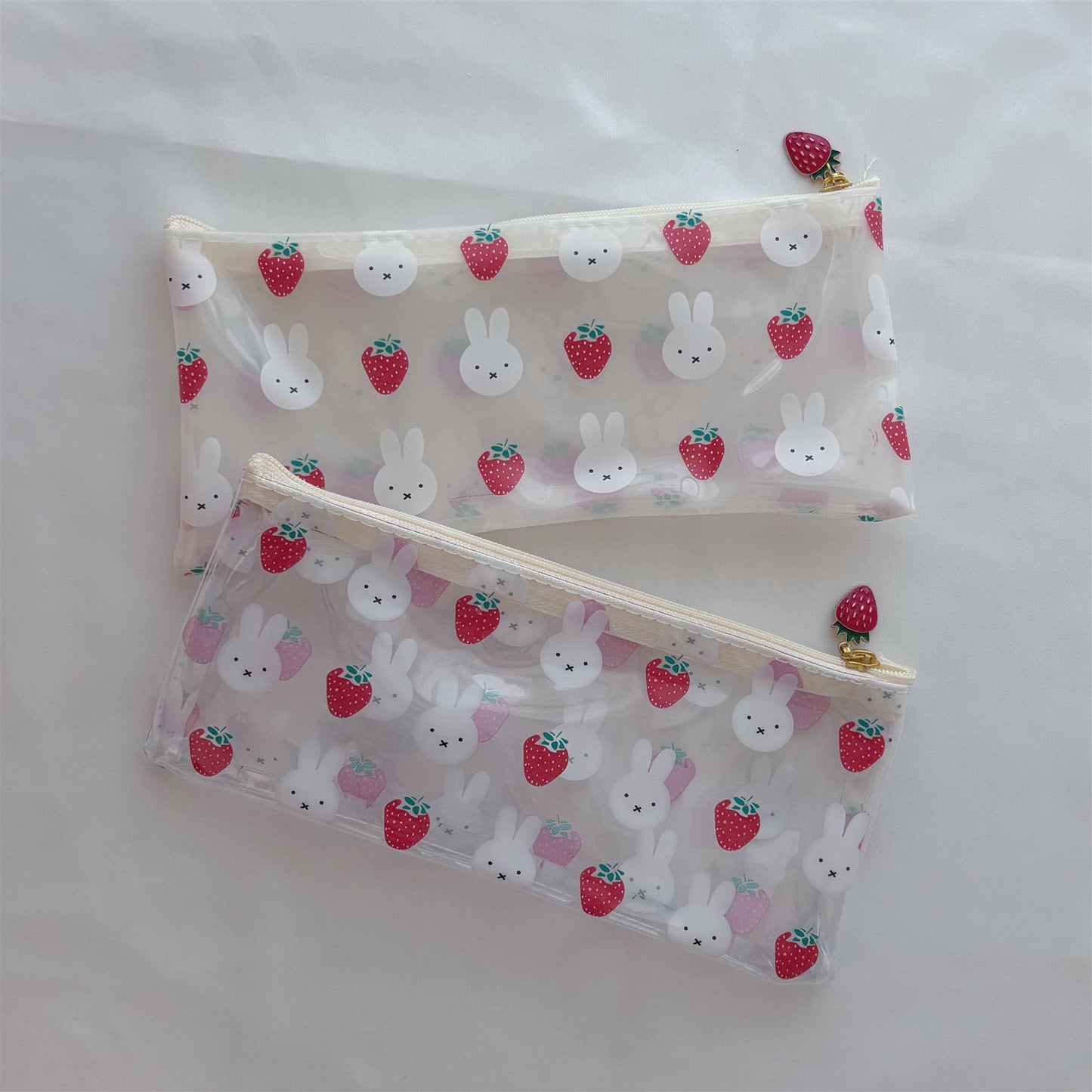 Kawaii Bunny Strawberry Clear PVC Pouch Set — 2-Piece Cute Strawberry Charm Zipper Storage Bag for Students