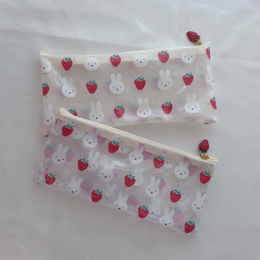 Kawaii Bunny Strawberry Clear PVC Pouch Set — 2-Piece Cute Strawberry Charm Zipper Storage Bag for Students
