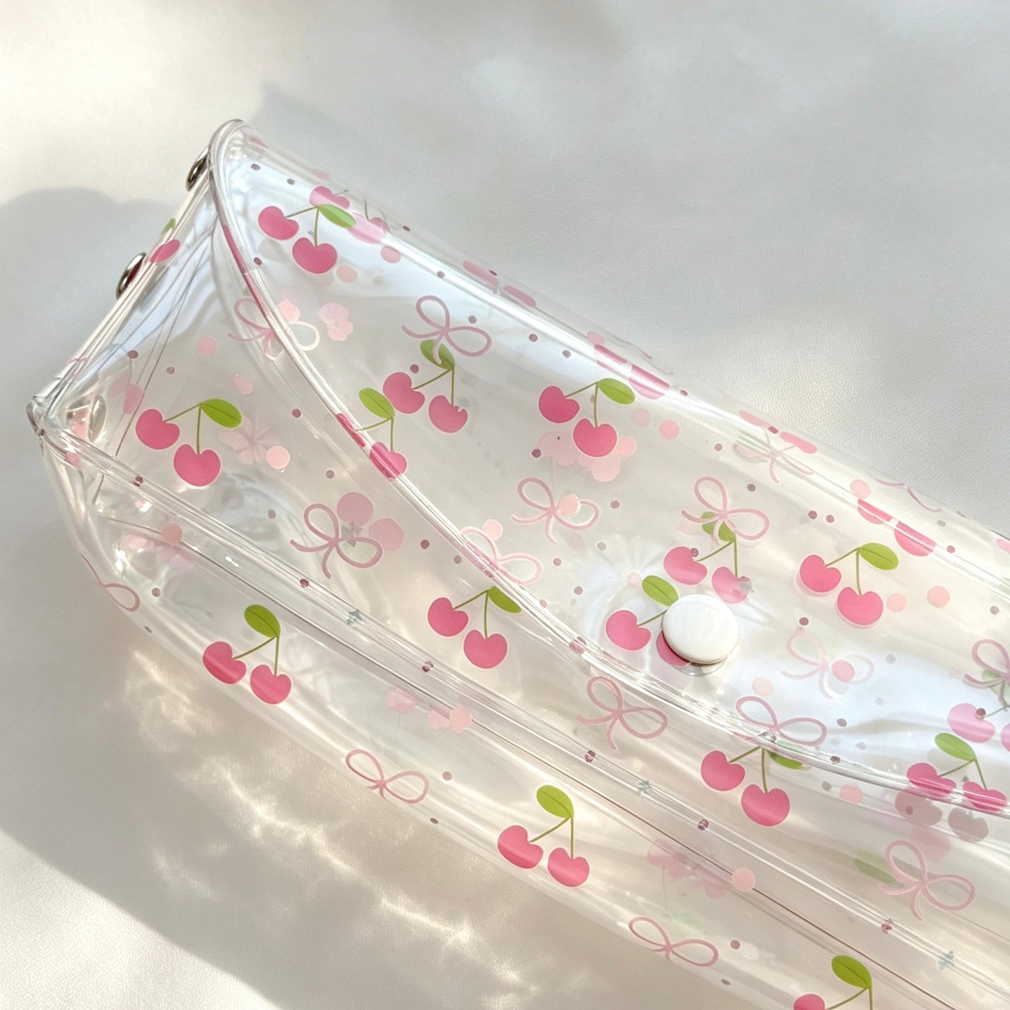 Clear PVC Fruit-Print Pencil Pouch — Transparent Snap-Flap Multi-Use Pen & Makeup Storage Bag for Students