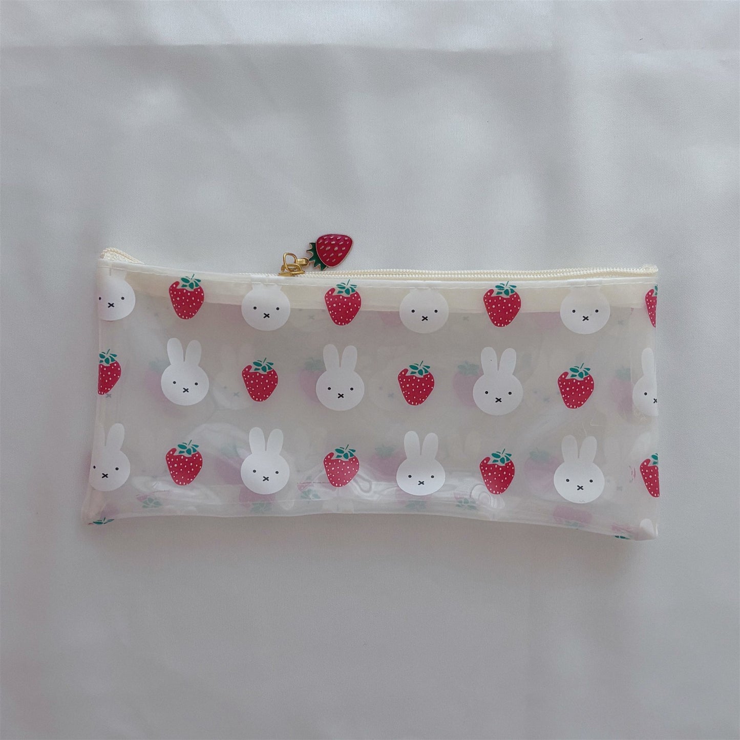 Kawaii Bunny Strawberry Clear PVC Pouch Set — 2-Piece Cute Strawberry Charm Zipper Storage Bag for Students