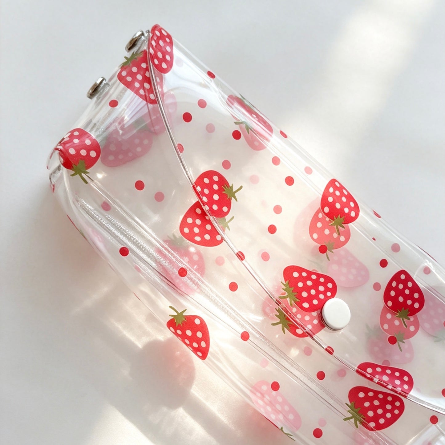 Clear PVC Fruit-Print Pencil Pouch — Transparent Snap-Flap Multi-Use Pen & Makeup Storage Bag for Students