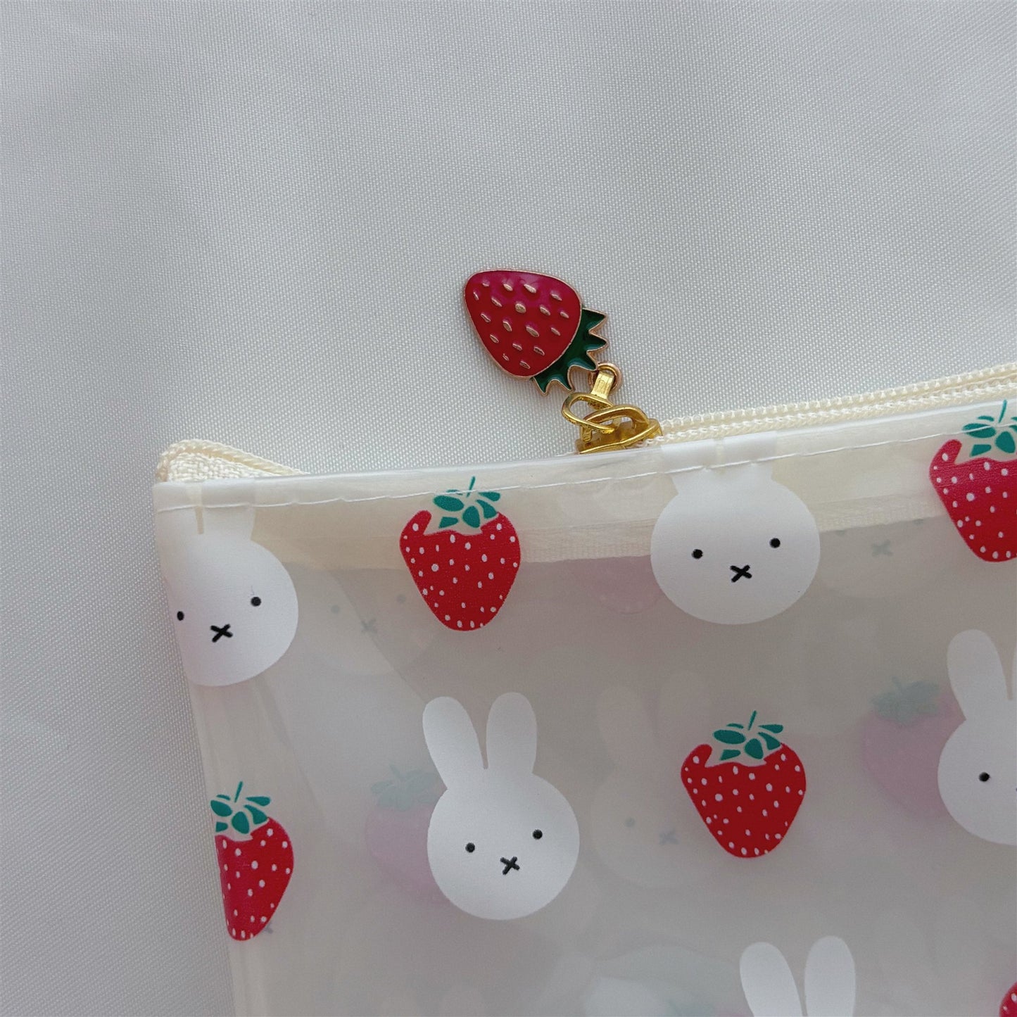 Kawaii Bunny Strawberry Clear PVC Pouch Set — 2-Piece Cute Strawberry Charm Zipper Storage Bag for Students