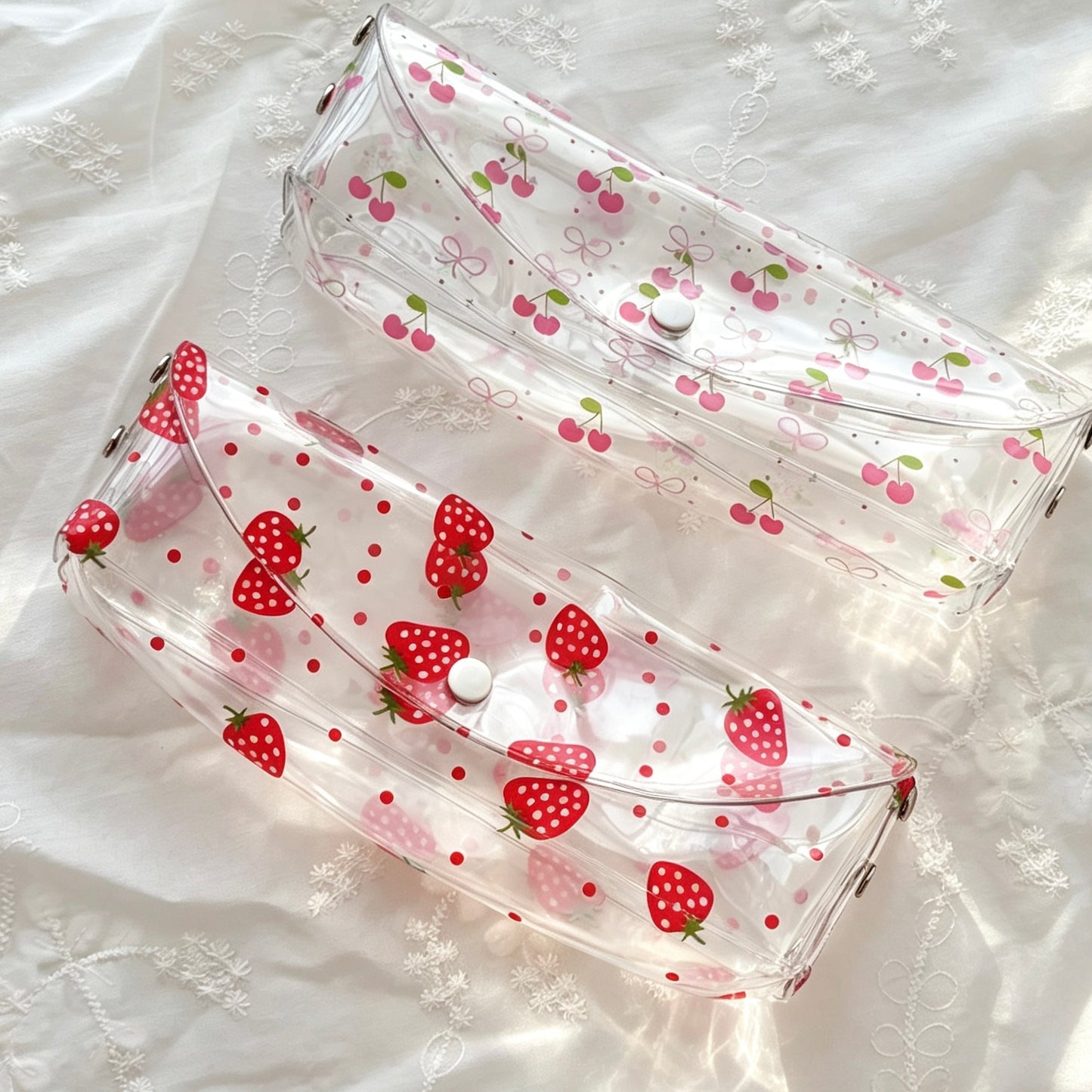 Clear PVC Fruit-Print Pencil Pouch — Transparent Snap-Flap Multi-Use Pen & Makeup Storage Bag for Students