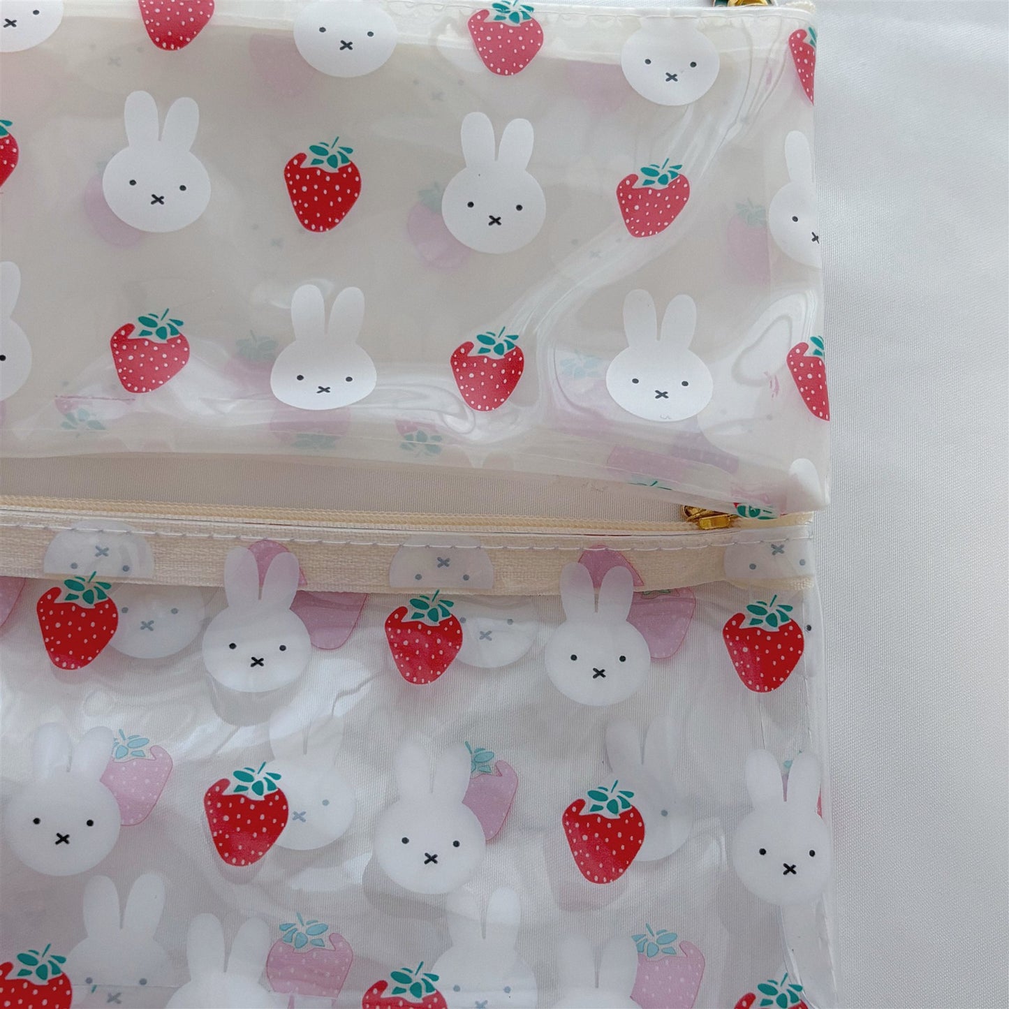 Kawaii Bunny Strawberry Clear PVC Pouch Set — 2-Piece Cute Strawberry Charm Zipper Storage Bag for Students