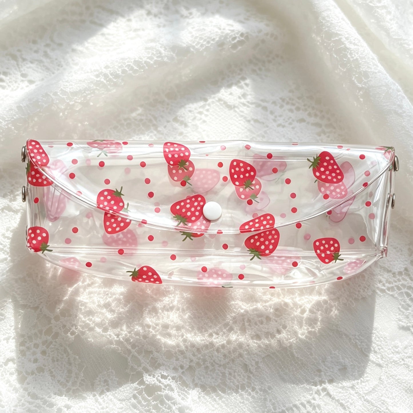Clear PVC Fruit-Print Pencil Pouch — Transparent Snap-Flap Multi-Use Pen & Makeup Storage Bag for Students