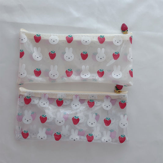 Kawaii Bunny Strawberry Clear PVC Pouch Set — 2-Piece Cute Strawberry Charm Zipper Storage Bag for Students