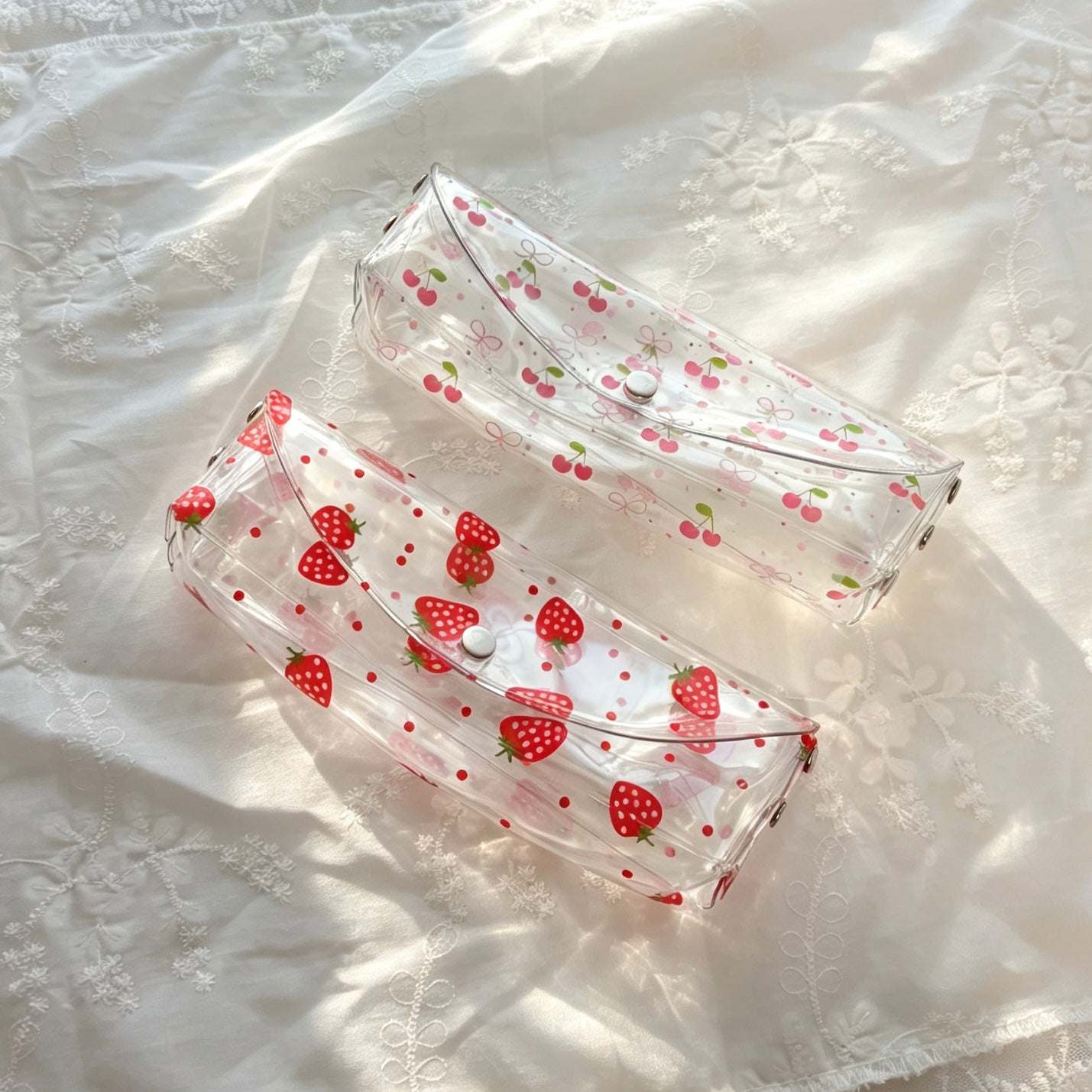 Clear PVC Fruit-Print Pencil Pouch — Transparent Snap-Flap Multi-Use Pen & Makeup Storage Bag for Students