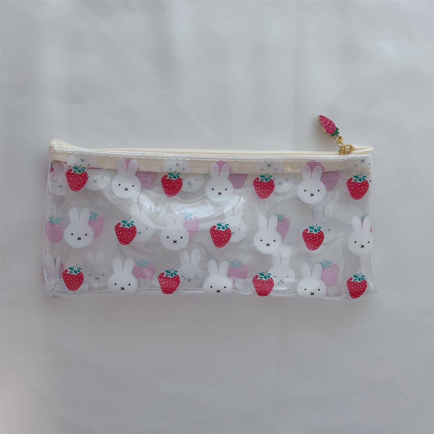 Kawaii Bunny Strawberry Clear PVC Pouch Set — 2-Piece Cute Strawberry Charm Zipper Storage Bag for Students