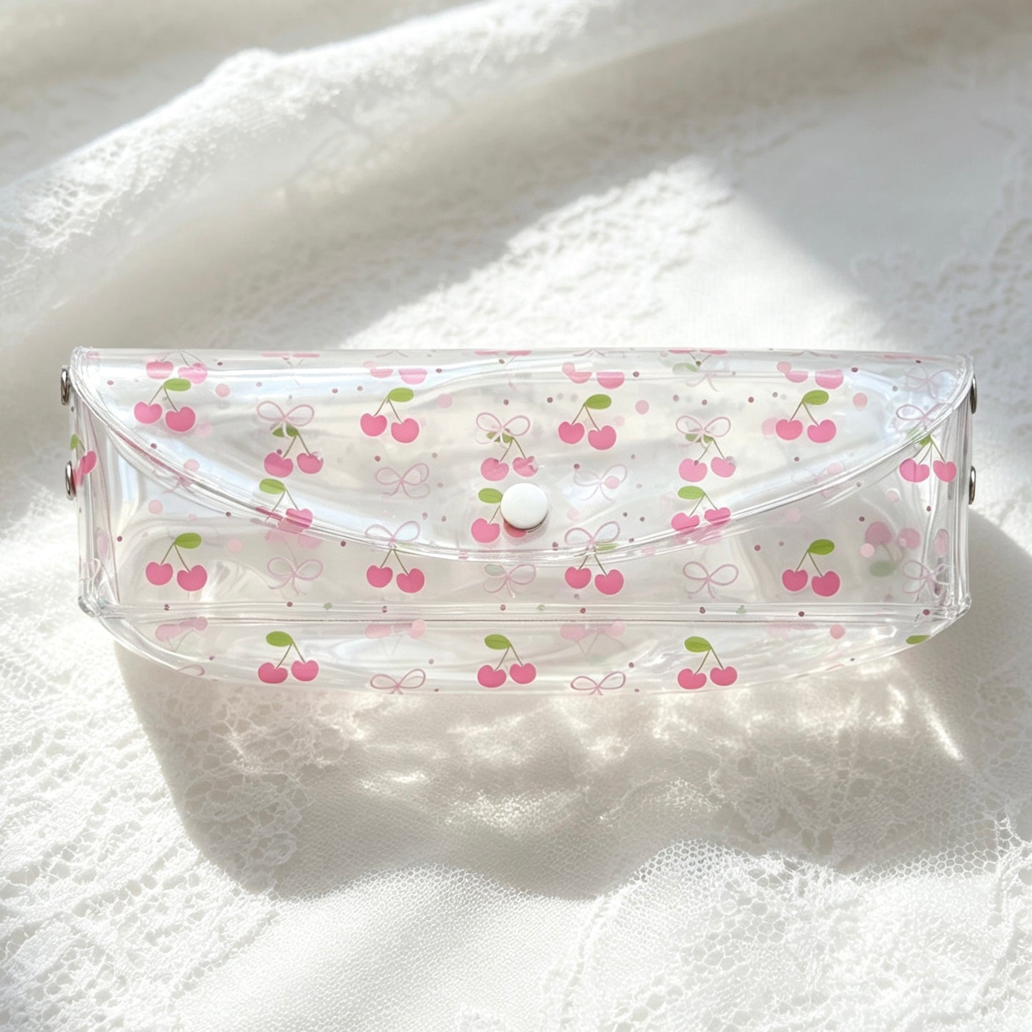 Clear PVC Fruit-Print Pencil Pouch — Transparent Snap-Flap Multi-Use Pen & Makeup Storage Bag for Students