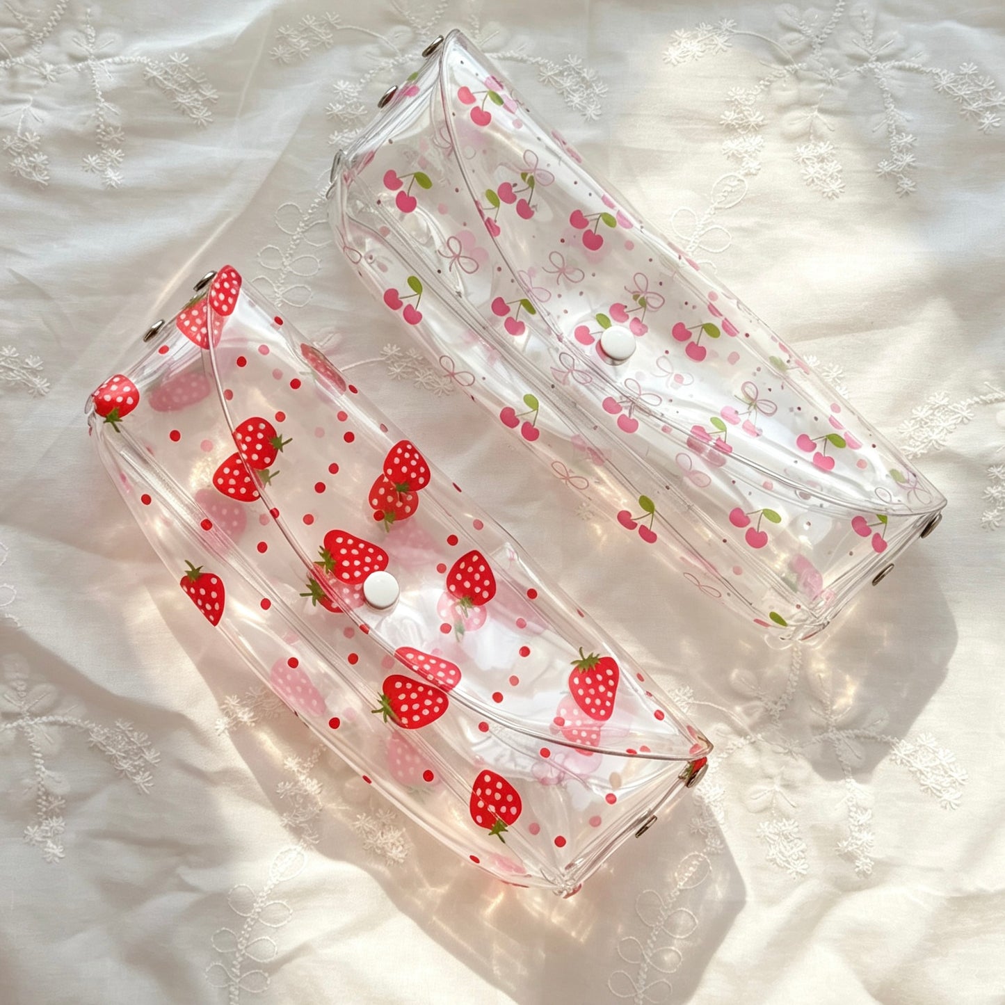 Clear PVC Fruit-Print Pencil Pouch — Transparent Snap-Flap Multi-Use Pen & Makeup Storage Bag for Students
